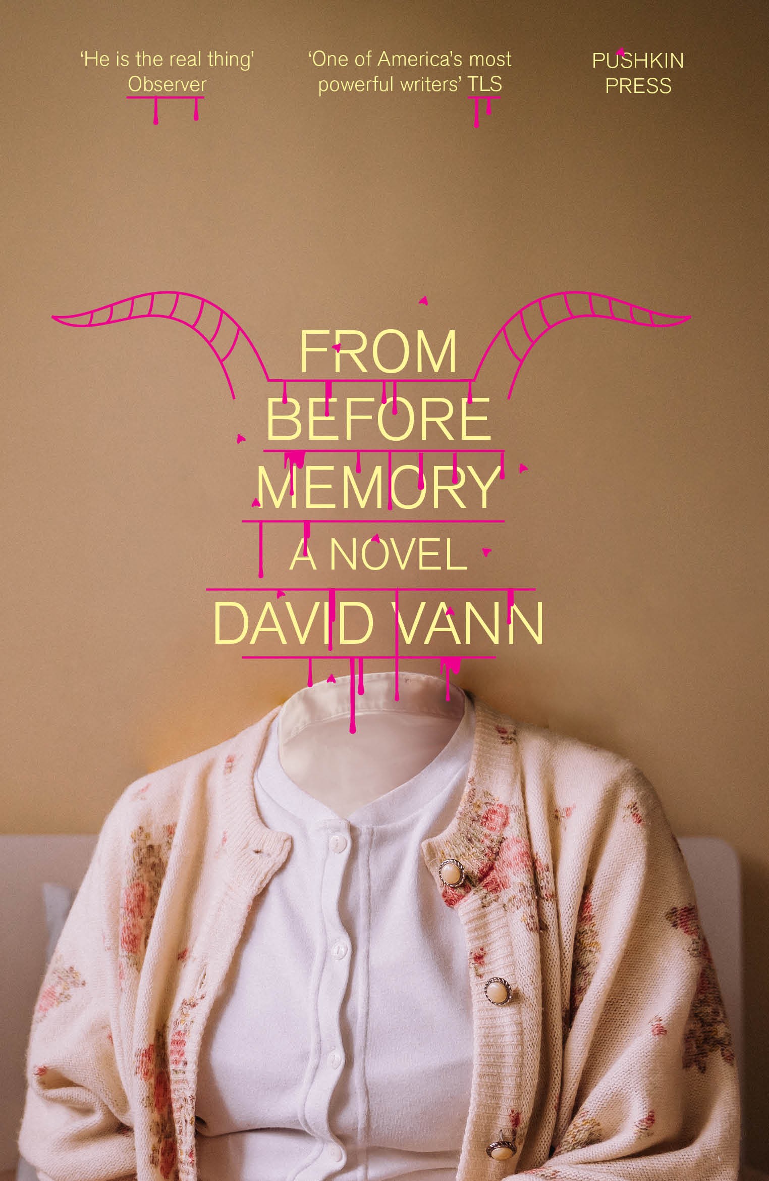 Cover of From Before Memory by David Vann: a headless figure in a floral cardigan against a tan wall, with hand-drawn magenta horns and dripping type
